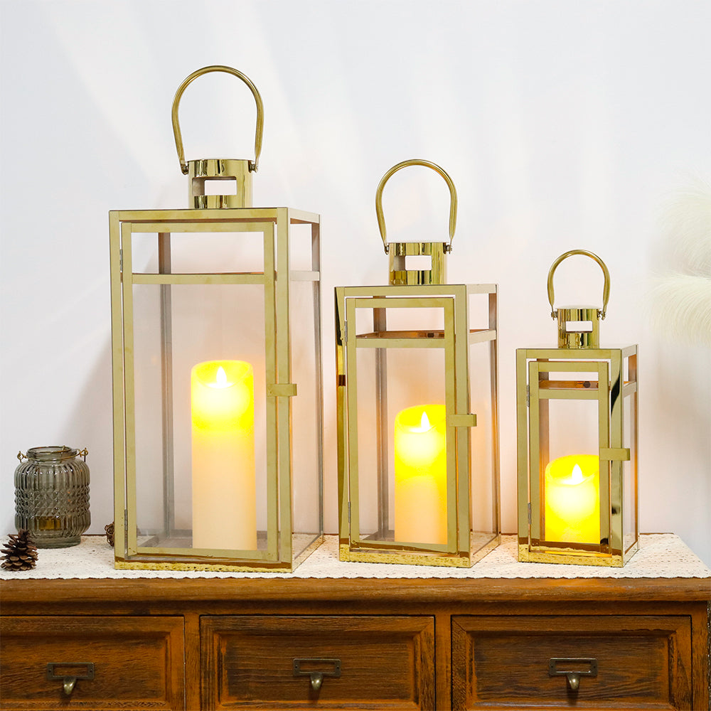 19''&15''&12'' H Stainless Steel Metal Candle Lantern  Candle Holder with Clear Glass Panels(Set of 3 Gold)-3