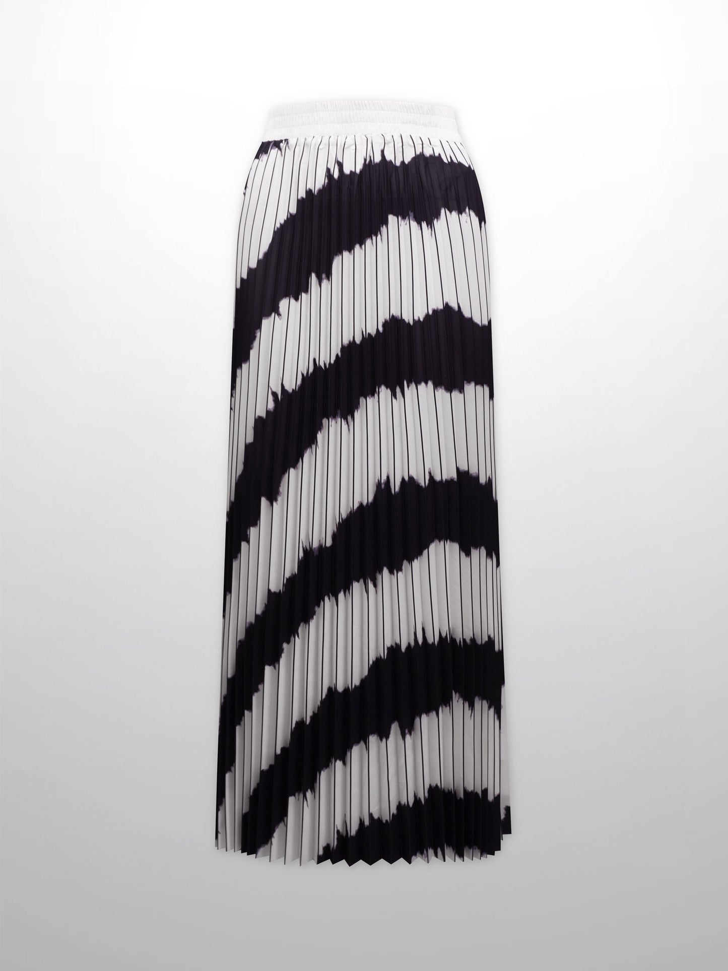 Elastic Waist Printed Pleated Skirt-Black White Ombre-1