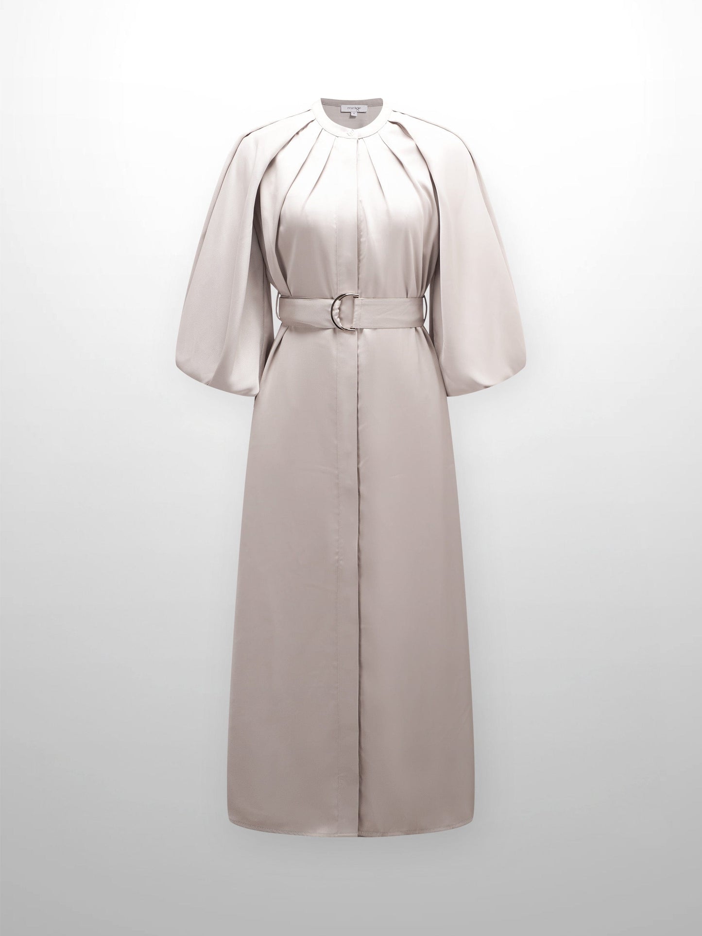 Pleat Neck Belted Dress-Ecru-1