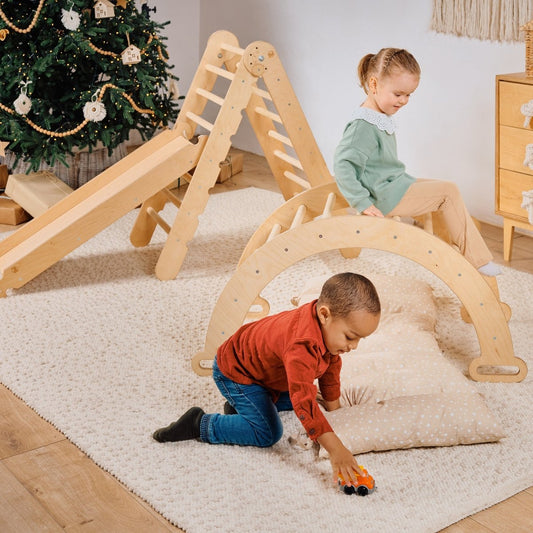 4in1 Montessori Climbing Set: Triangle Ladder + Climbing Arch + Slide Board & Cushion – Beige-0