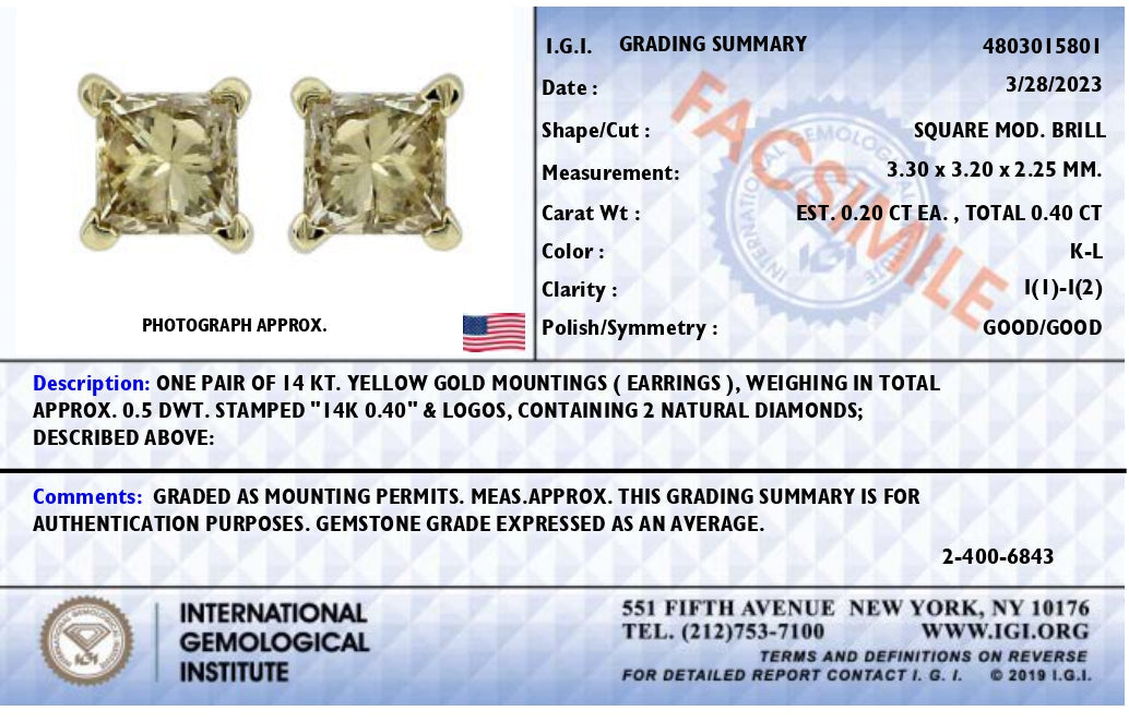 IGI Certified 3/8 Cttw Princess-Cut Square Diamond 4-Prong Solitaire Stud Earrings in 14K Yellow Gold (K-L Color, I1-I2 Clarity)-4