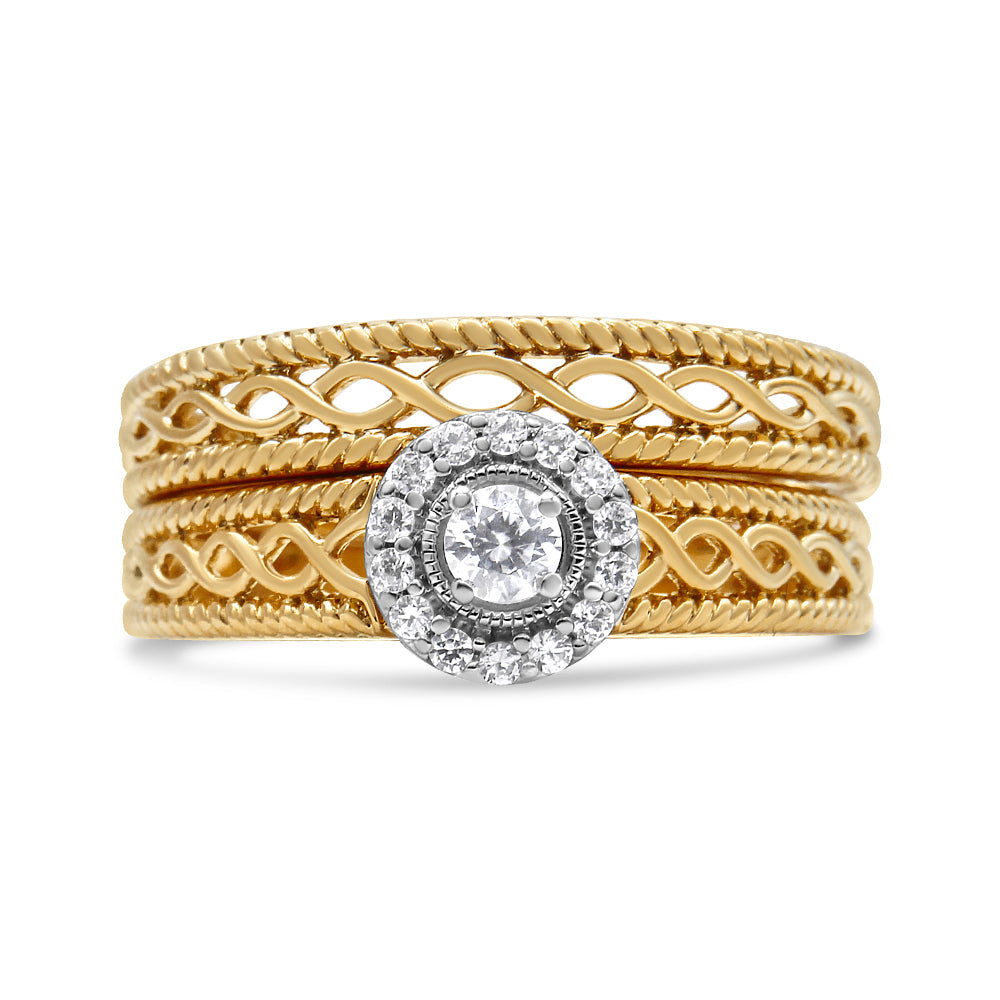 14K Yellow Gold Plated .925 Sterling Silver 1/5 Cttw Diamond Halo Engagement Ring and Wedding Band Set (I-J Color, I3 Clarity)-4