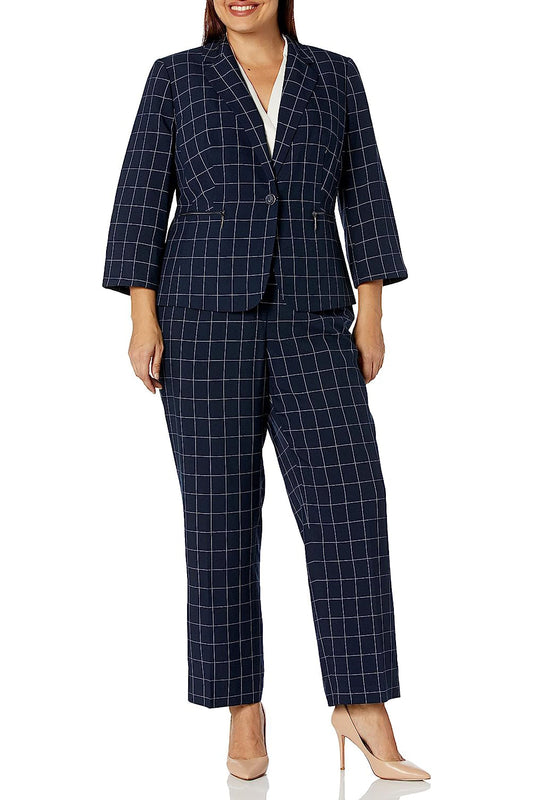 Le Suit Notched Collar One Button Closure Shoulder Pads Zip Pockets with Mid Rise Zipper with Hook and Bar Closure-0