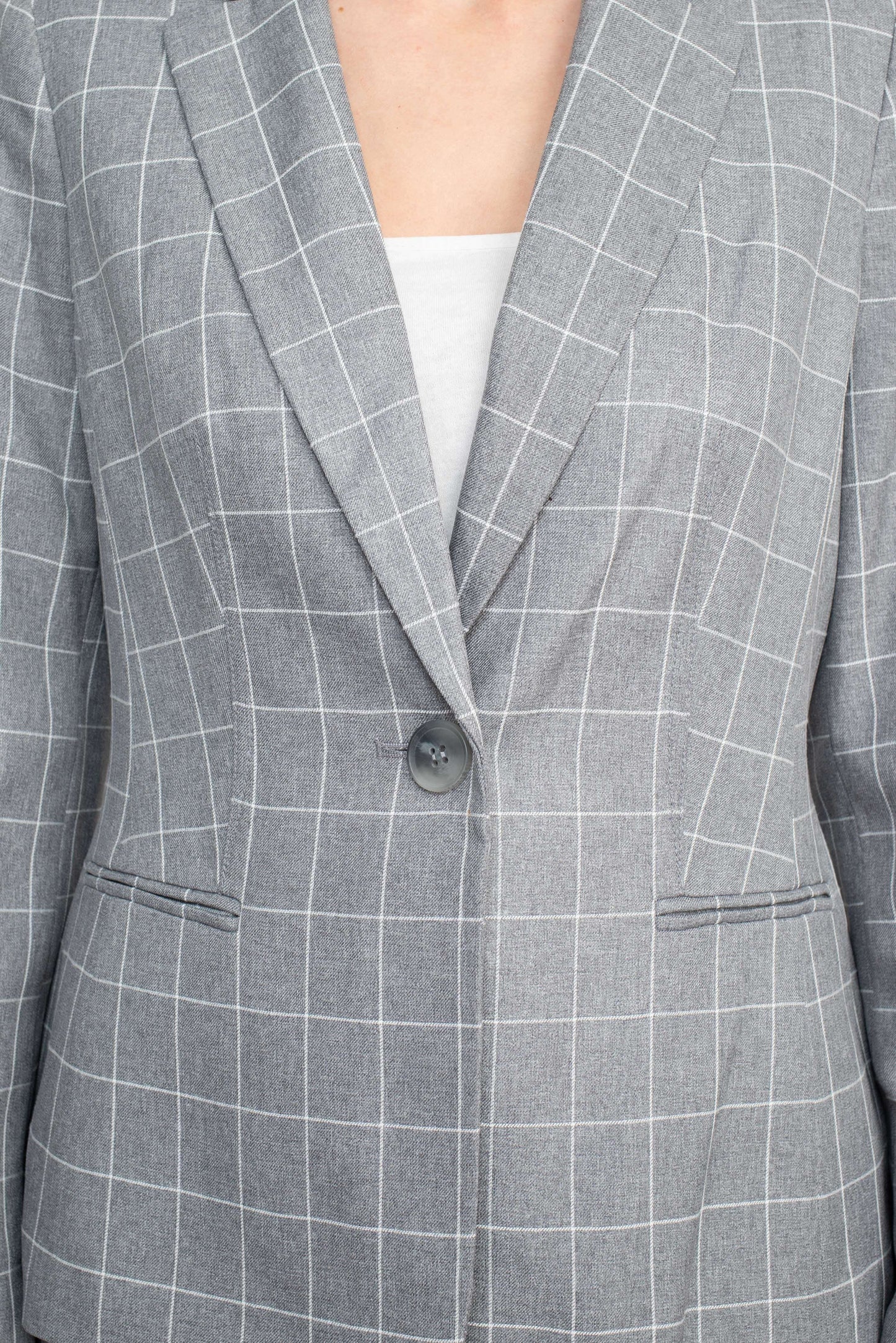 Le Suit Notched Collar 1 Button Tie Mélange Windowpane Jacket with Button Hook Zipper Closure Crepe Pants Suit (Two Piece Set)-4