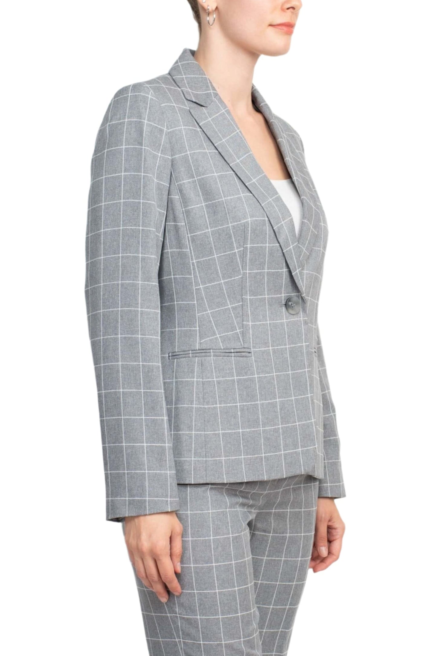 Le Suit Notched Collar 1 Button Tie Mélange Windowpane Jacket with Button Hook Zipper Closure Crepe Pants Suit (Two Piece Set)-2