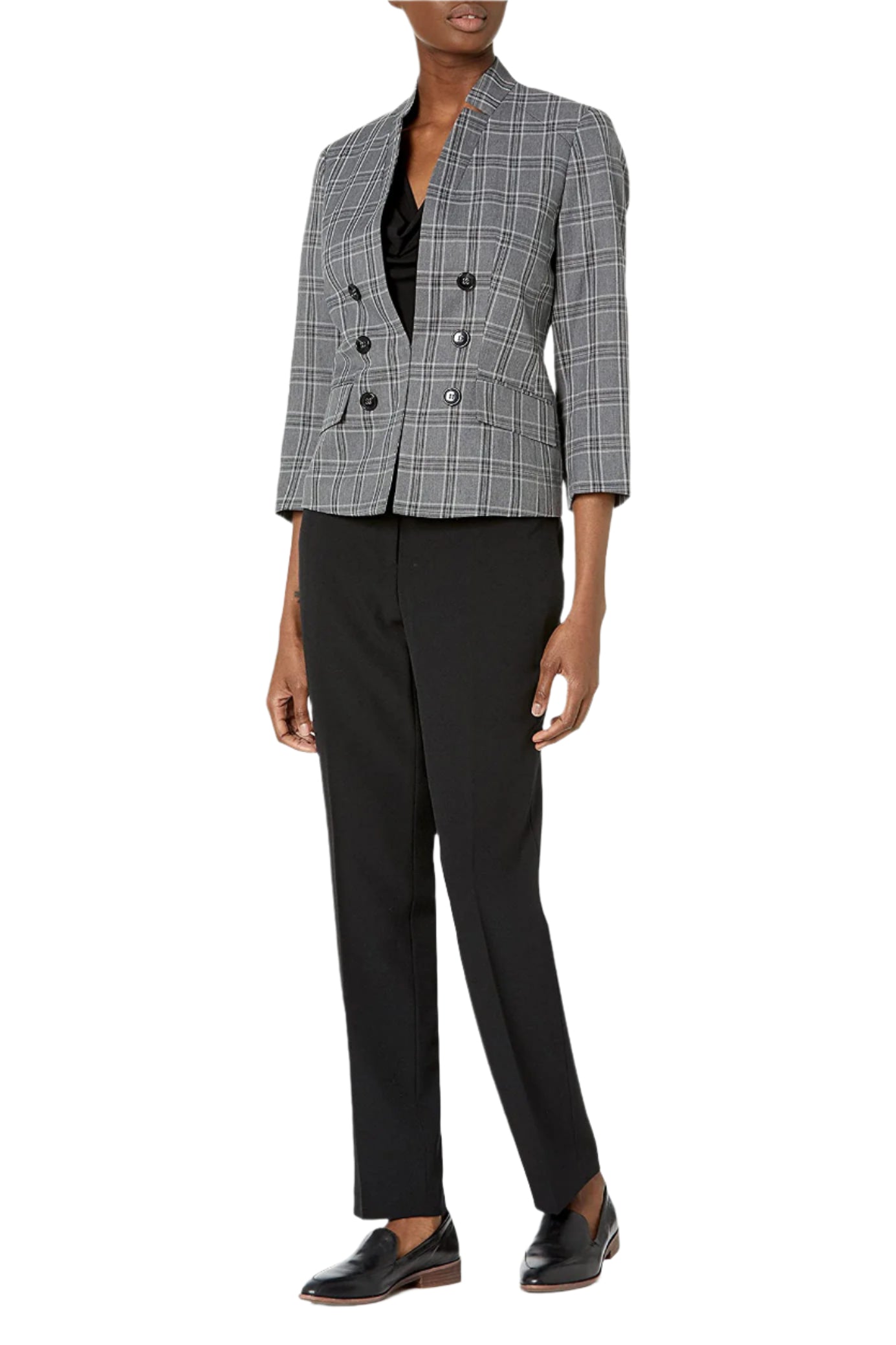 Le Suit Windowpane Pattern 6 Button Hook Closure Jacket with Button Hook Zipper Closure Crepe Pants Suit-0