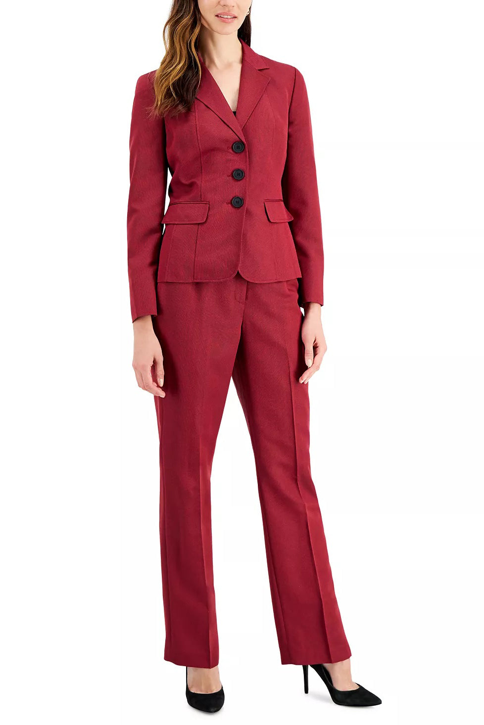 Le Suit Notched Collar 3 Button Closure Long Sleeve Jacket with Mid Waist Zipper Hook & Eye Closure Pant Two Piece Set-0