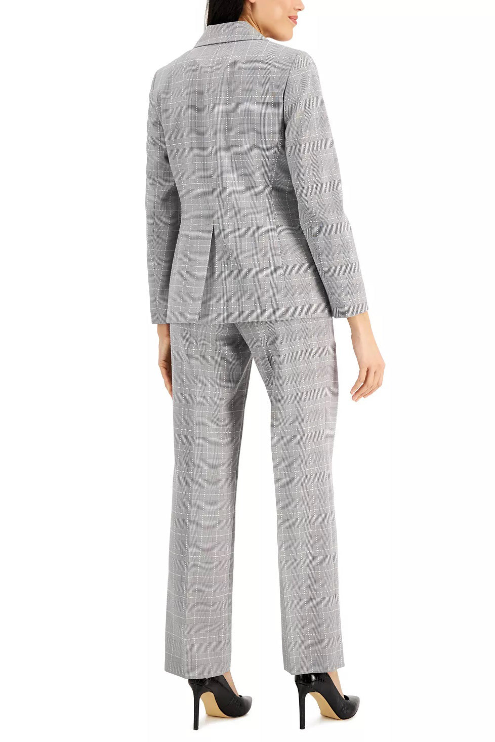 Le Suit Notched Collar Long Sleeve One Button Closure Front Shoulder Pads Flap Pockets Crepe Jacket with Pants (Petite) - Wholesale-2