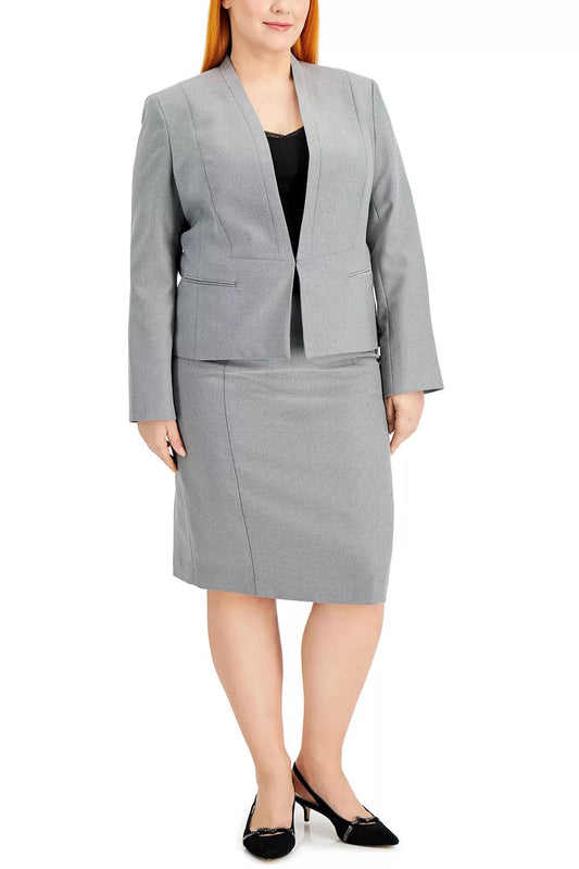 Le Suit Collarless Hook & Eye Closure at Front Shoulder Pads Side Welt Pockets Crepe Jacket with Skirt (Plus Size)-0