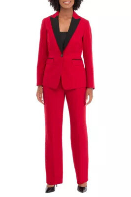 Le Suit Single-Button Blazer Contrasting Lapel and Straight-Leg Trousers Pantsuits-0