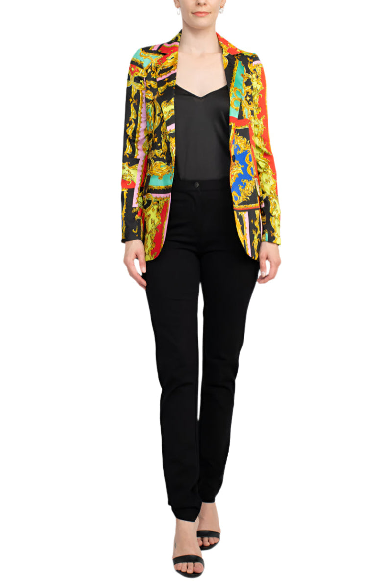 Industry Notched Collar One Button Closure Long Sleeve Multi Print Blazer-4