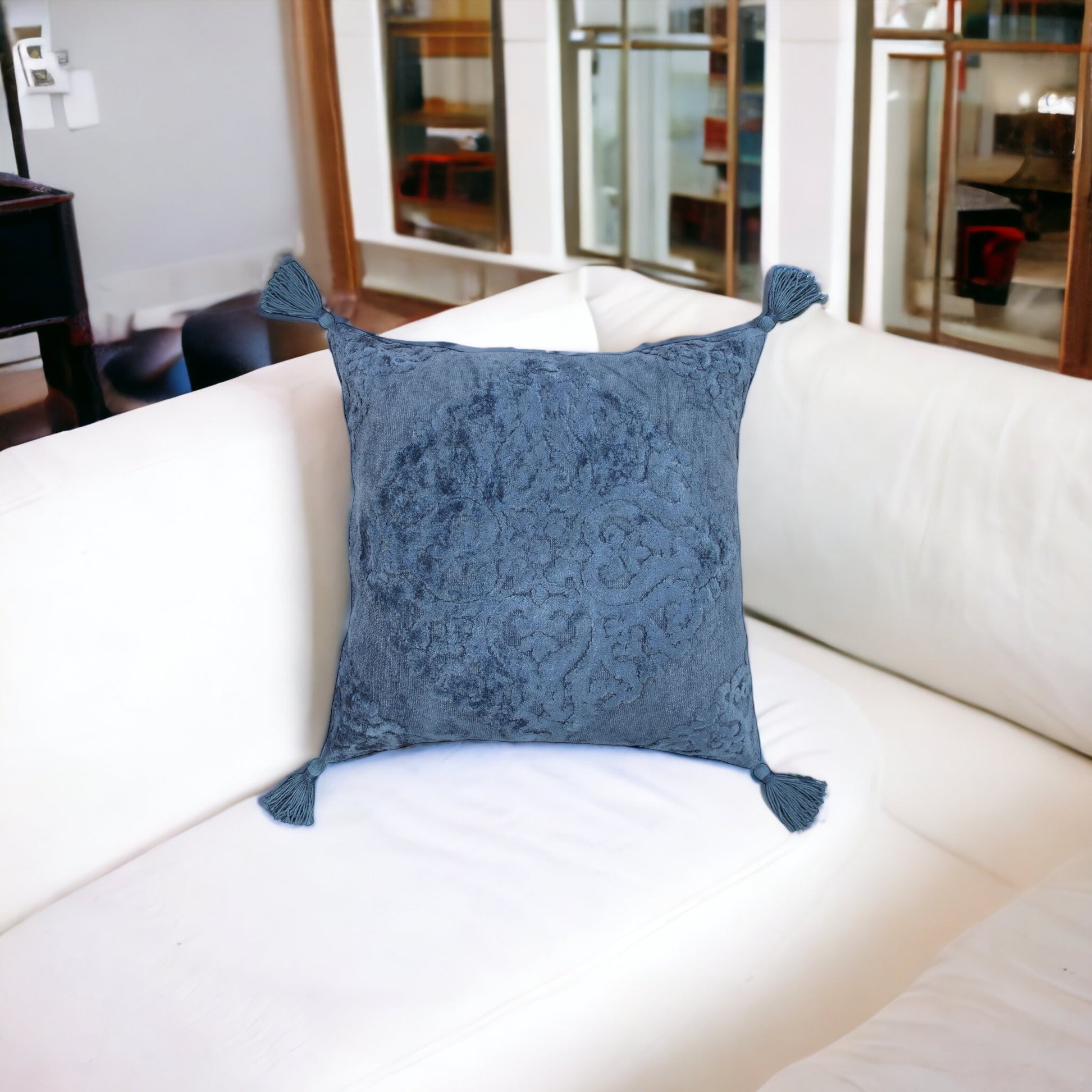 20" Blue Throw Pillow with Tassels-3