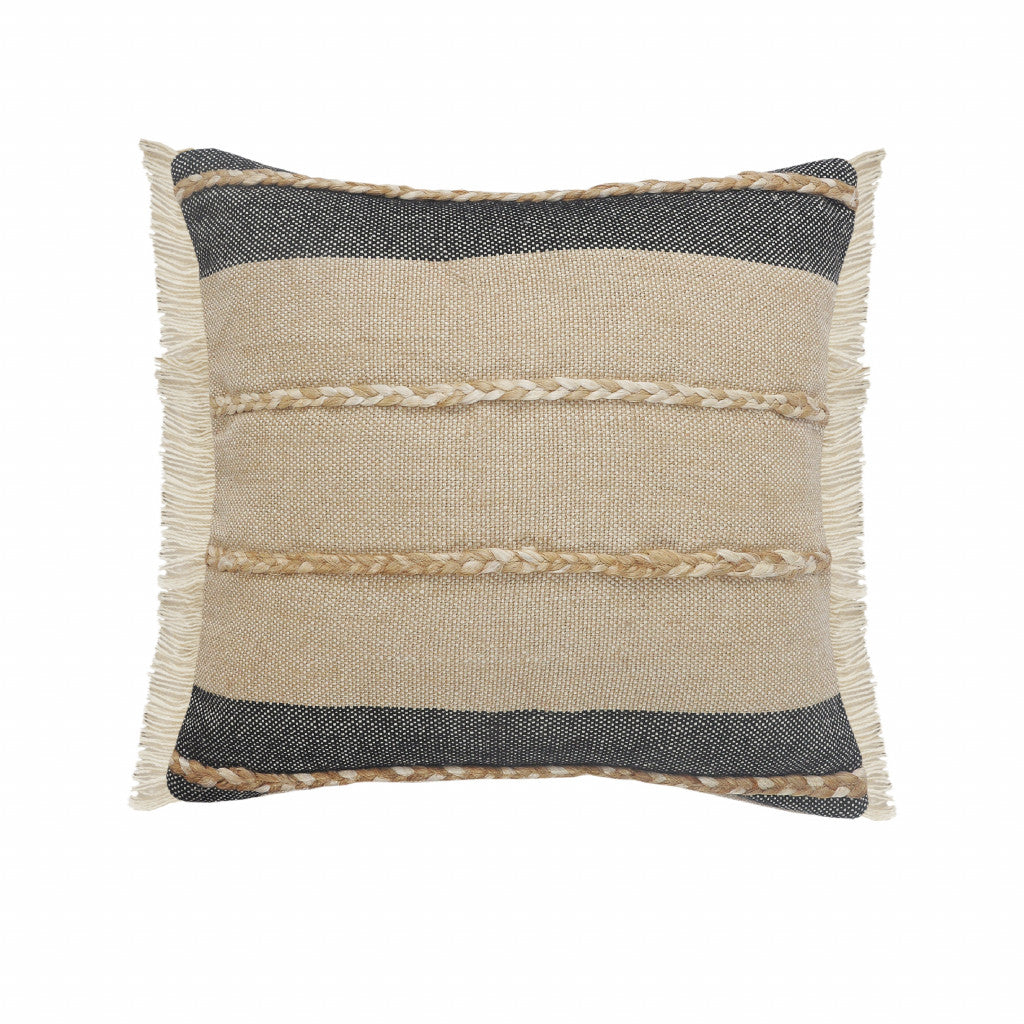 24" Black And Tan Striped Cotton And Jute Throw Pillow With Fringe-1