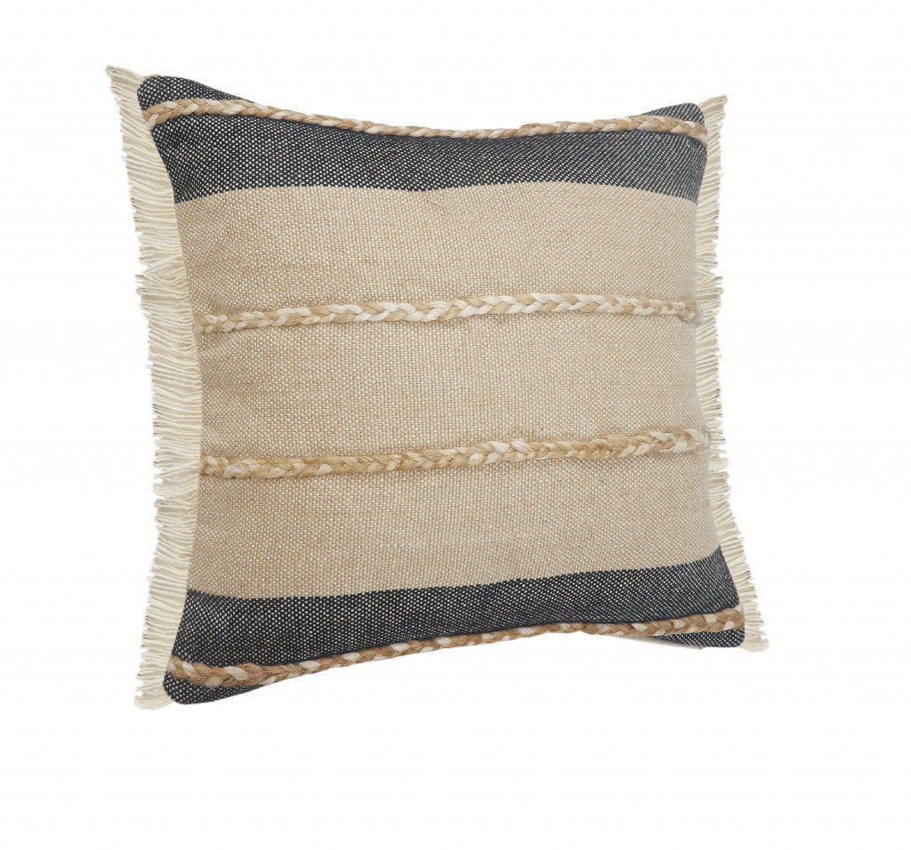 24" Black And Tan Striped Cotton And Jute Throw Pillow With Fringe-3
