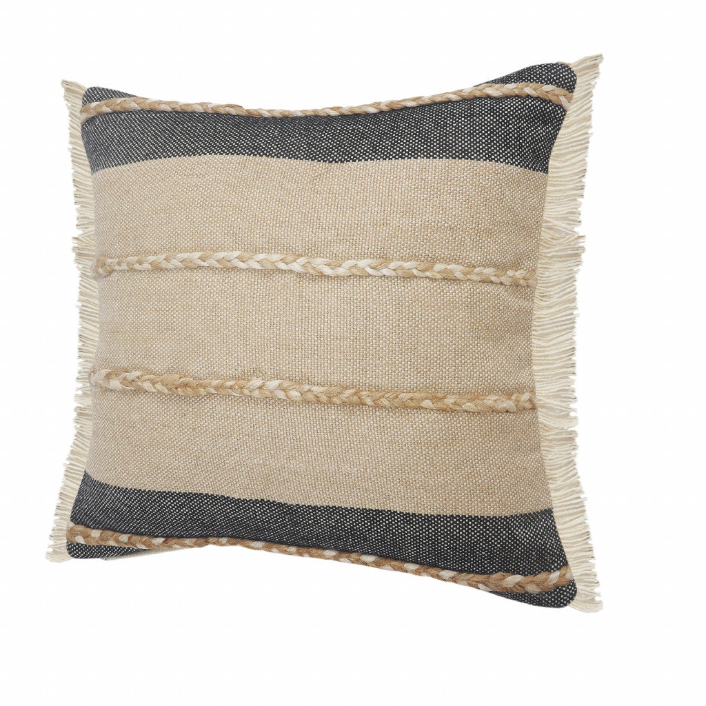 24" Black And Tan Striped Cotton And Jute Throw Pillow With Fringe-4