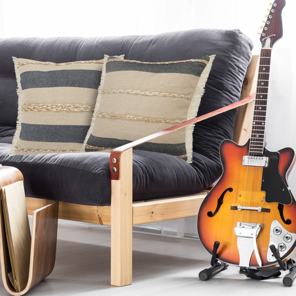 24" Black And Tan Striped Cotton And Jute Throw Pillow With Fringe-8