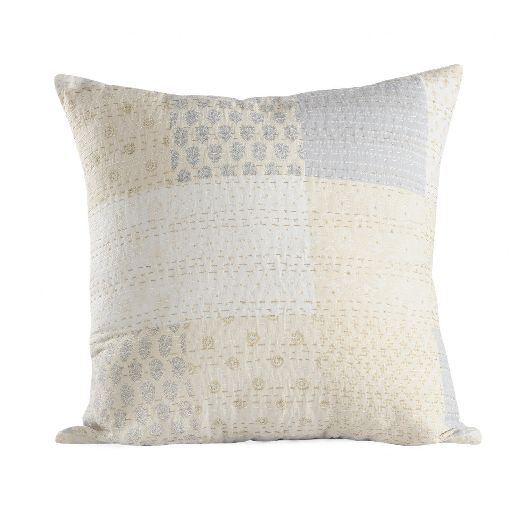 20" X 20" Beige Gray And Off-White 100% Cotton Patchwork Zippered Pillow-1