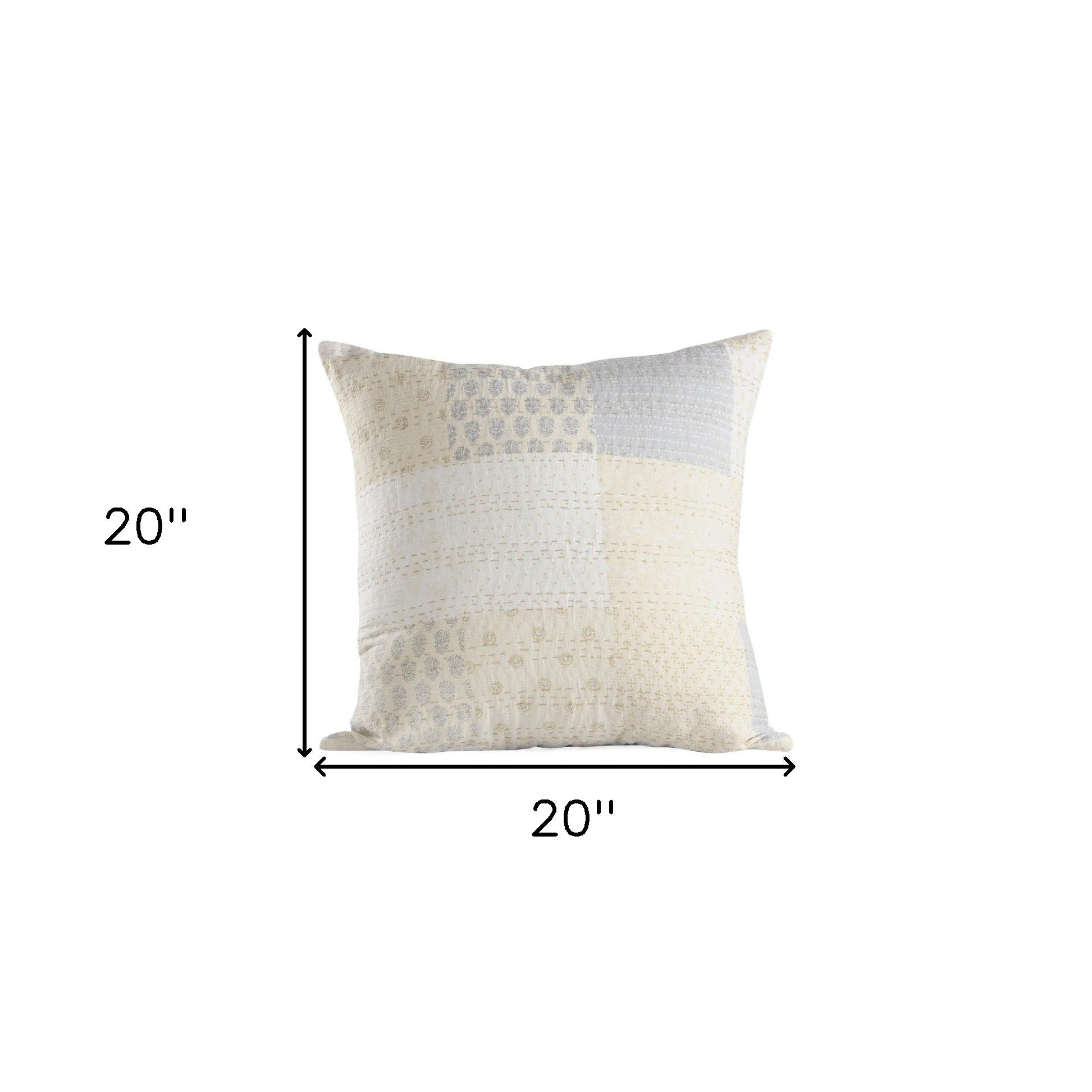 20" X 20" Beige Gray And Off-White 100% Cotton Patchwork Zippered Pillow-5