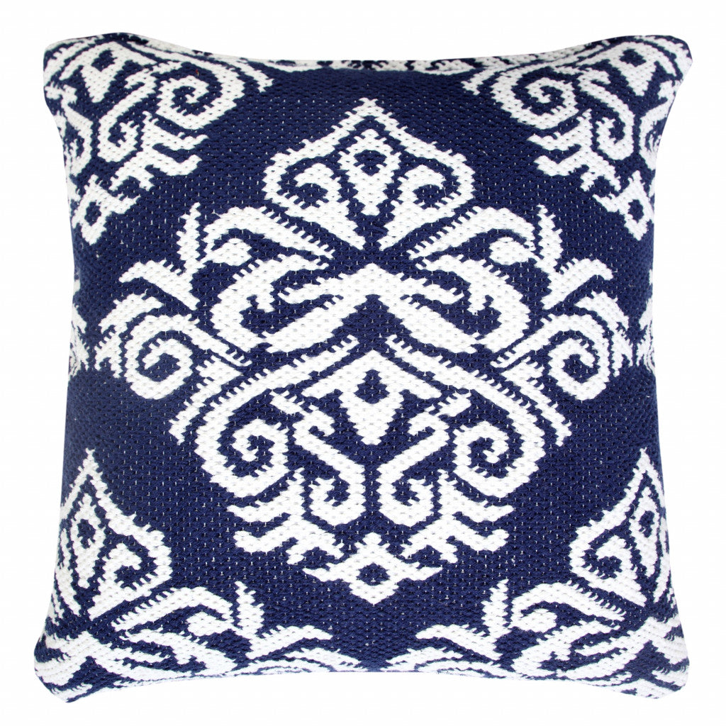 20" X 20" Blue And White 100% Cotton Damask Zippered Pillow-4