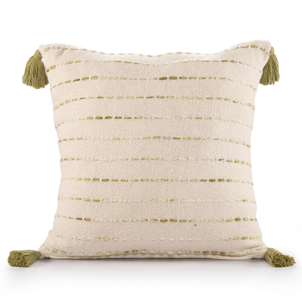 20" Olive Green And Ivory Cotton Striped Throw Pillow with Tassels-4
