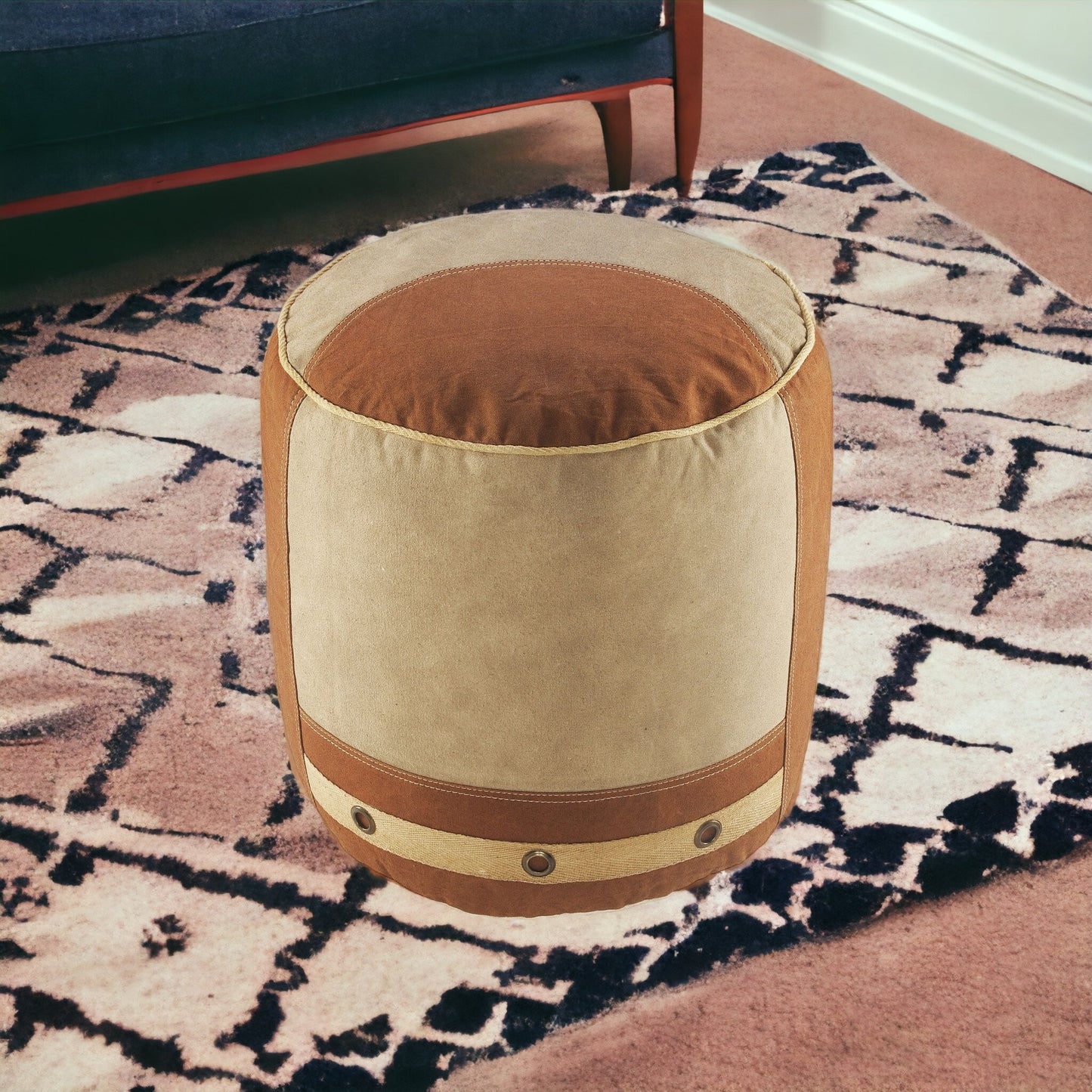 16" Tan Cotton Cylinder Striped Pouf Ottoman-5