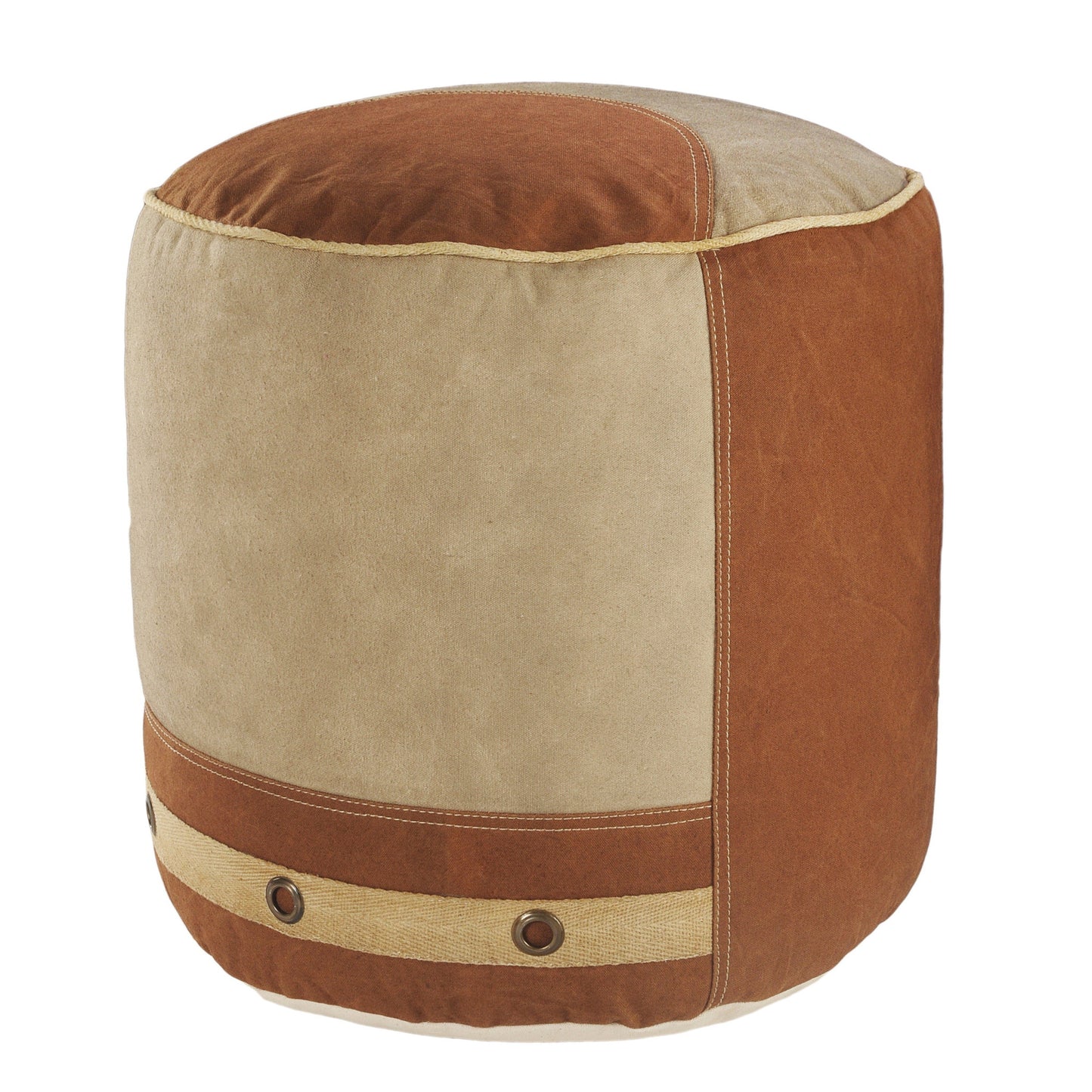 16" Tan Cotton Cylinder Striped Pouf Ottoman-3