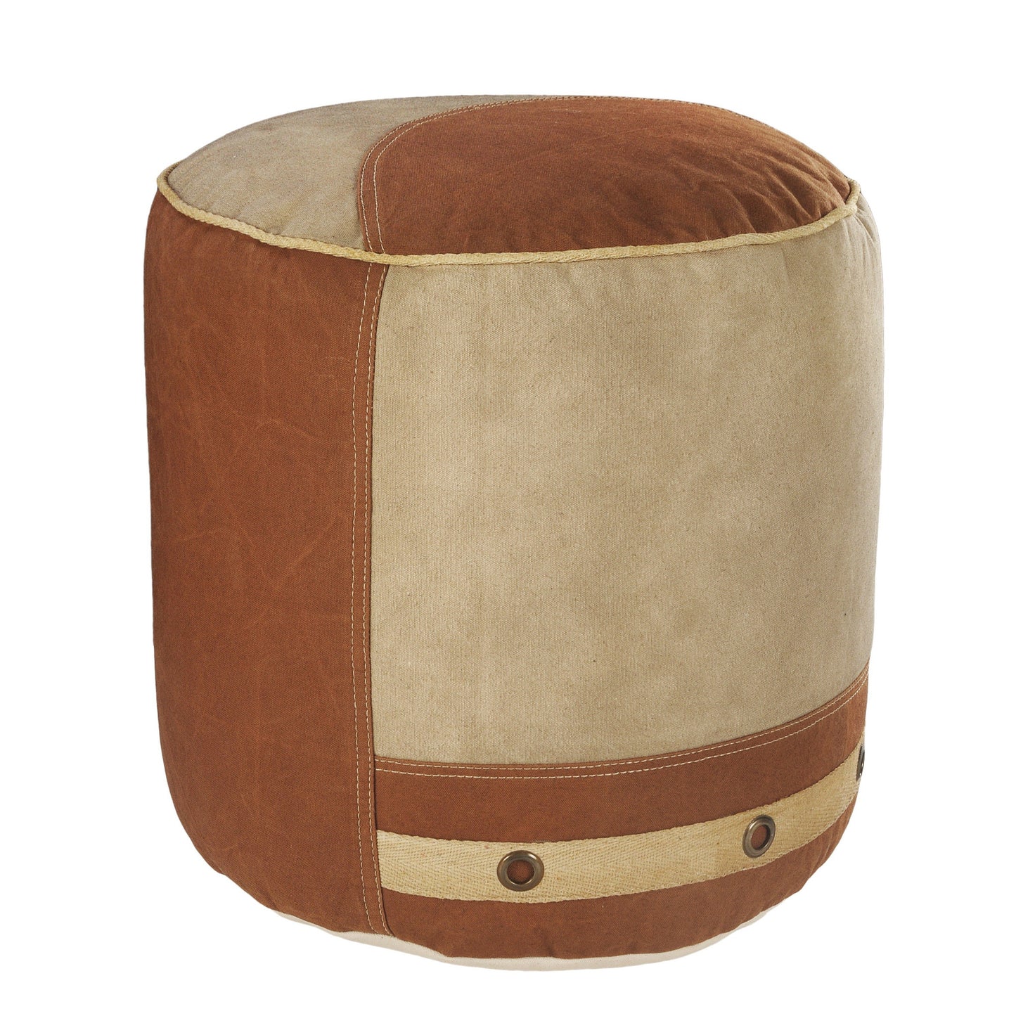16" Tan Cotton Cylinder Striped Pouf Ottoman-4