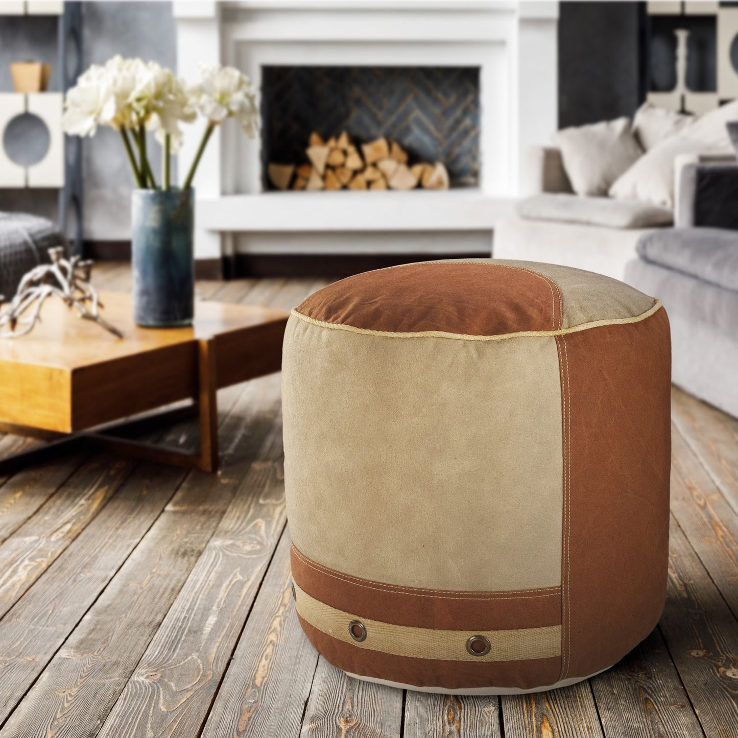 16" Tan Cotton Cylinder Striped Pouf Ottoman-6