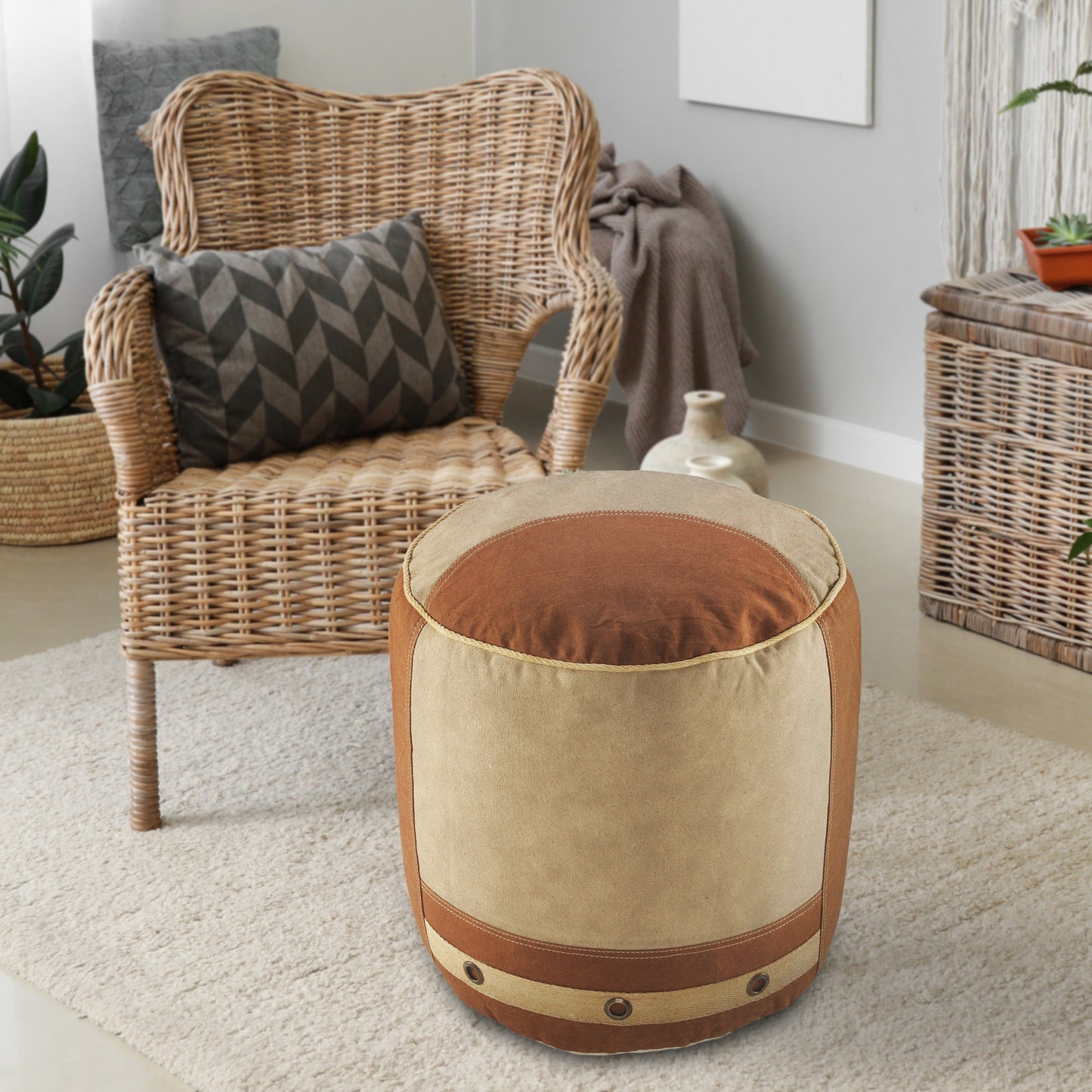 16" Tan Cotton Cylinder Striped Pouf Ottoman-7