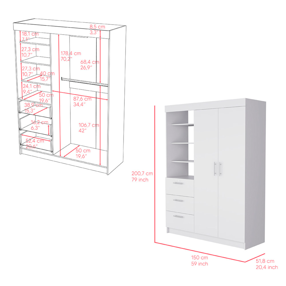 59" White Three Drawer Combo Dresser-7