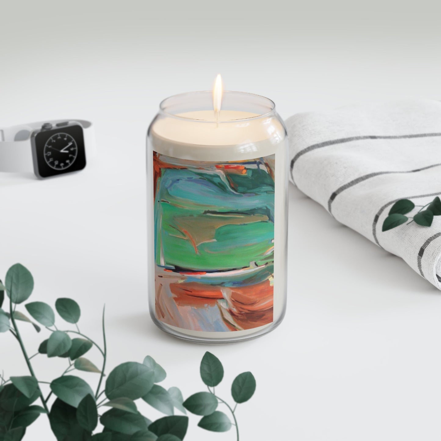13.75oz Eco-Friendly Scented or Unscented Soy Wax Candle Jar with 'Colorscape 2' Abstract Artwork by American Artist Barbara Cleary-1