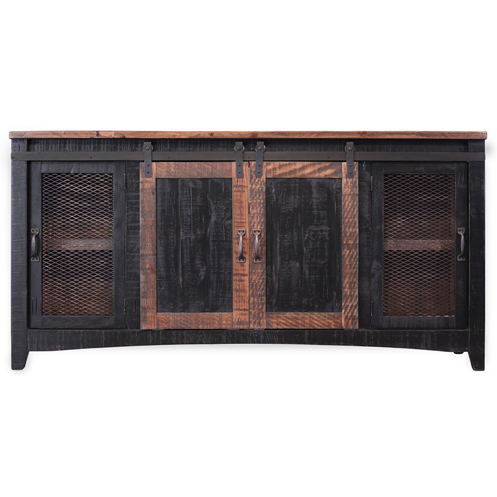 68" Black Solid Wood Cabinet Enclosed Storage Distressed TV Stand-1