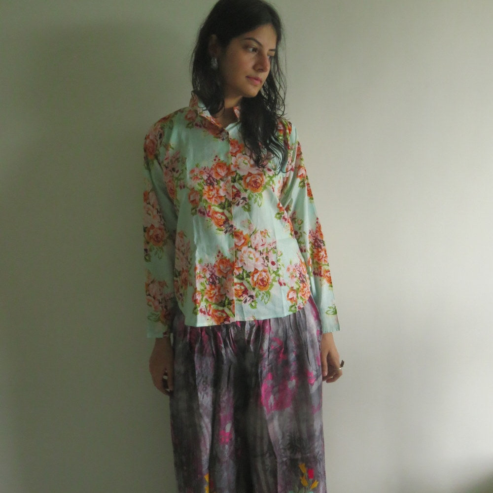 Gray Floral Wide Legged Elastic Pajamas-4