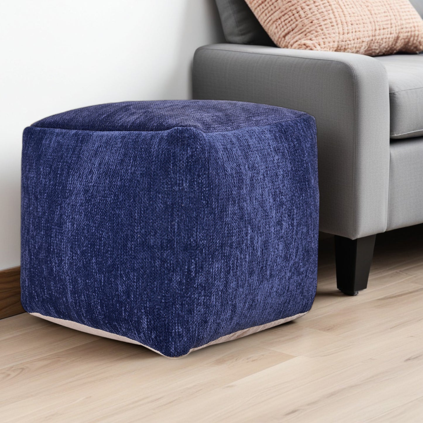 18" Blue Chenille Cube Pouf Ottoman-1