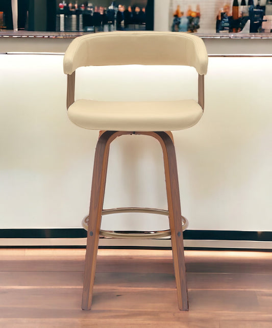 31" Cream And Wood Brown Faux Leather Swivel Bar Height Bar Chair-0