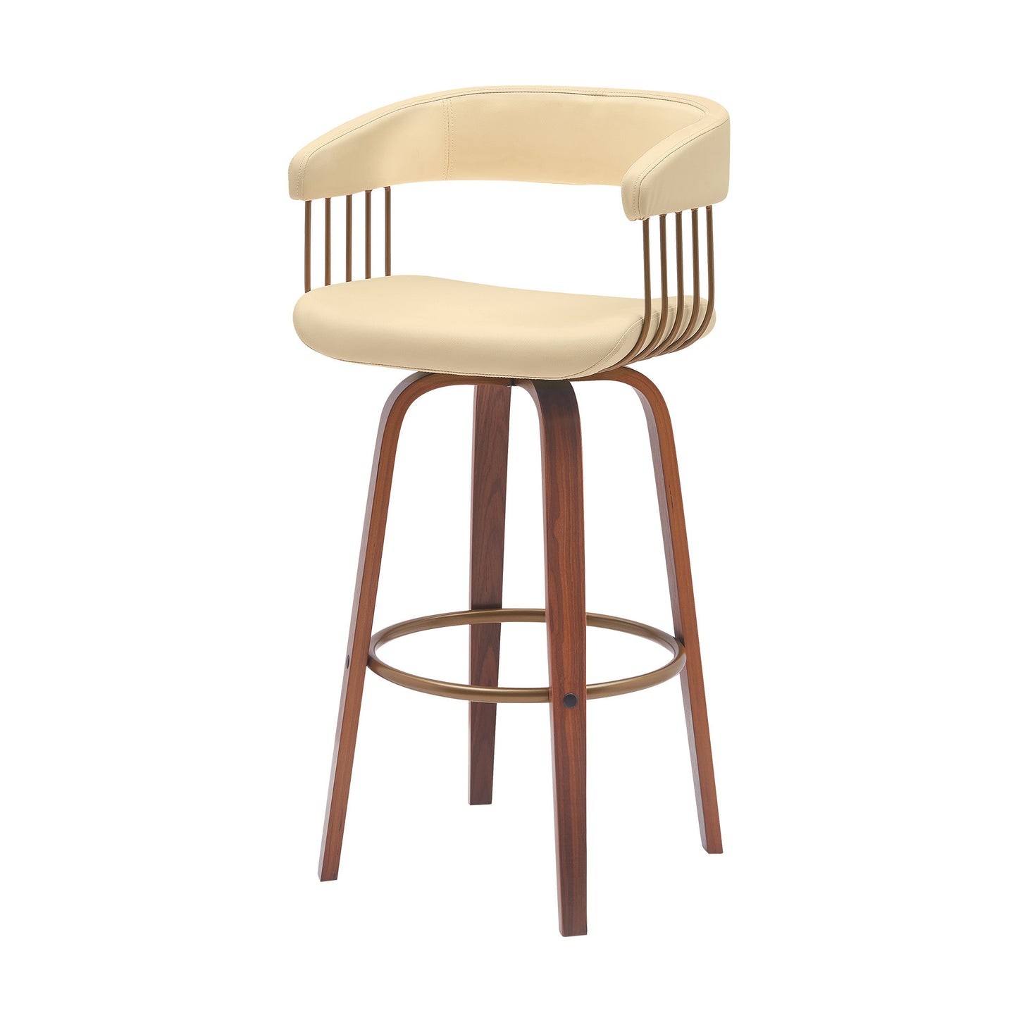 31" Cream And Wood Brown Faux Leather Swivel Bar Height Bar Chair-4