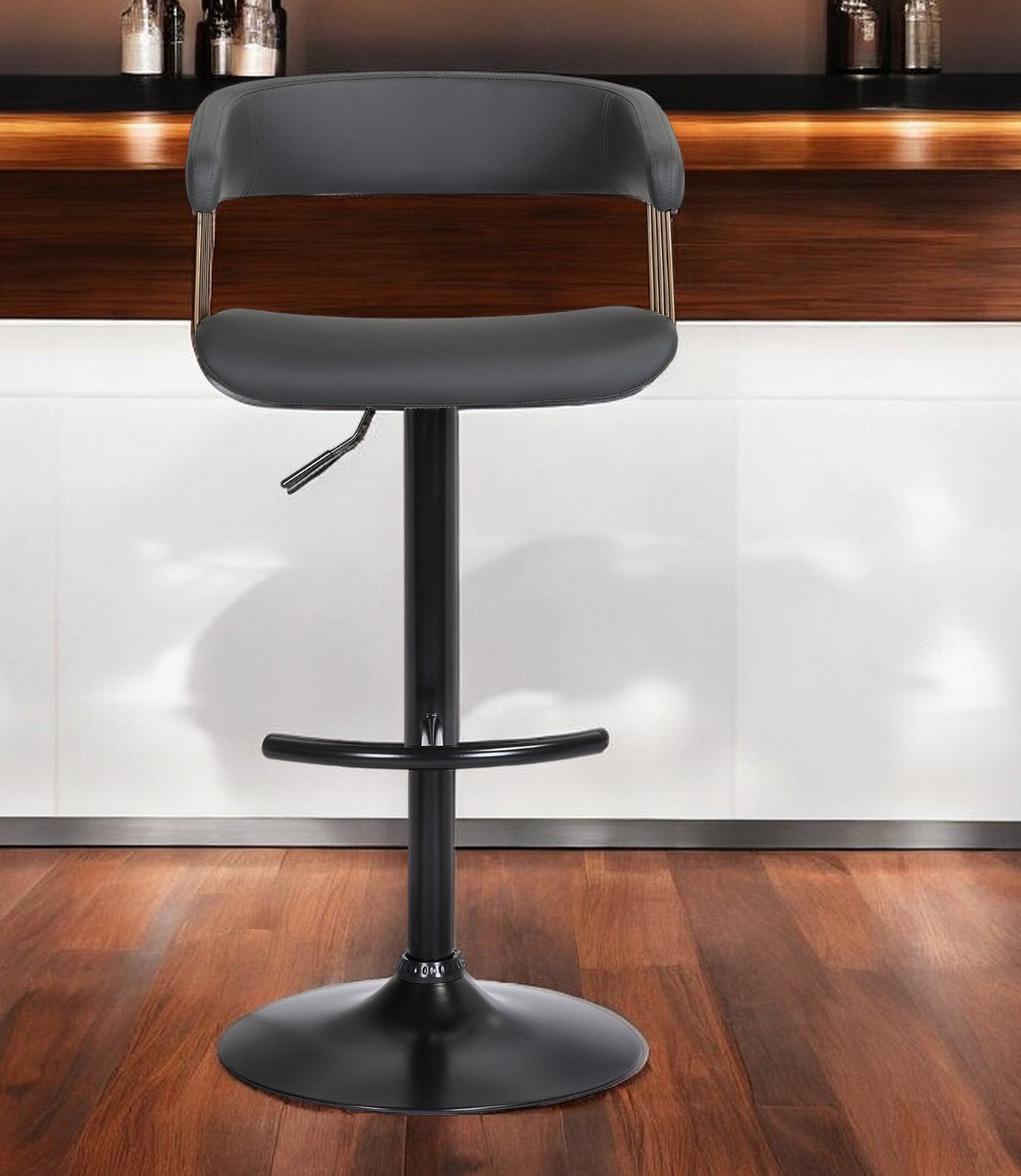 Black Faux Leather And Metal Swivel Adjustable Height Bar Chair-1