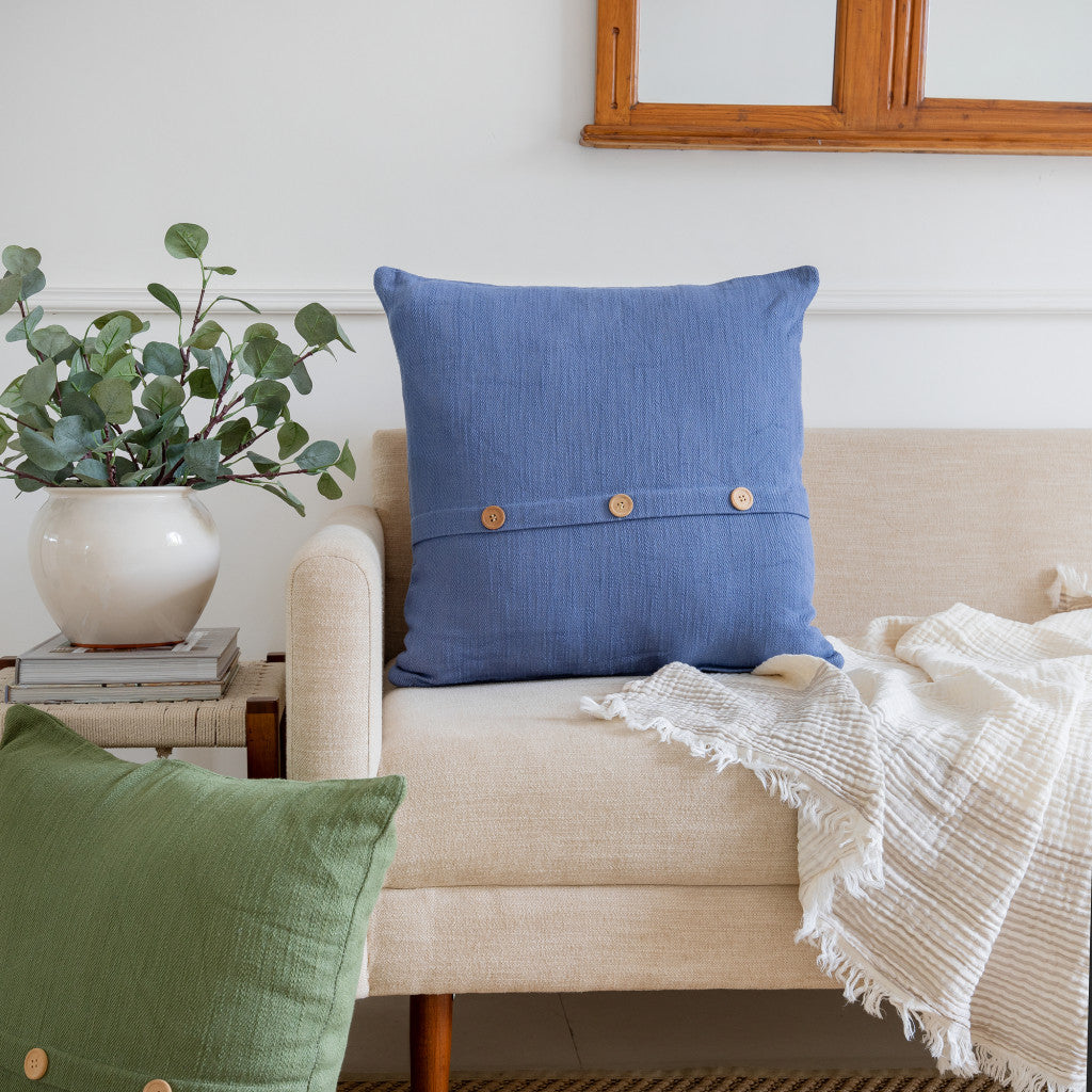 20" Blue Cotton Throw Pillow With Buttons-5