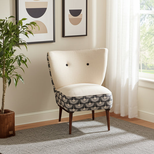30" Cream Charcoal and Brown Geometric Tufted Wingback Chair-0