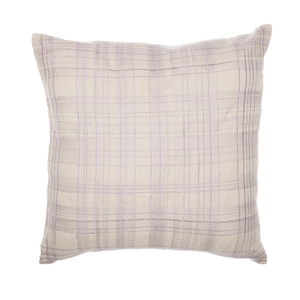 24" Ivory Check Cotton Blend Throw Pillow With Embroidery-1