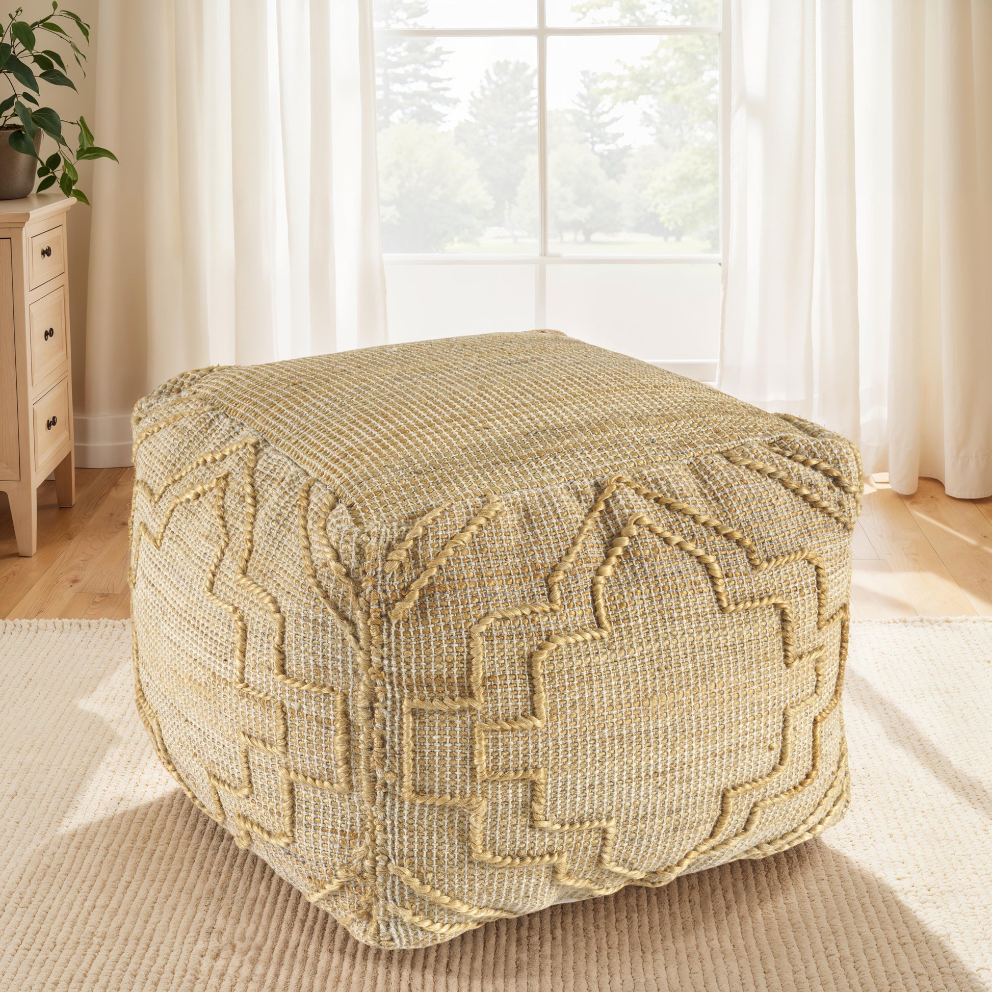18" Natural Jute Blend Cube Quatrefoil Pouf Ottoman-7