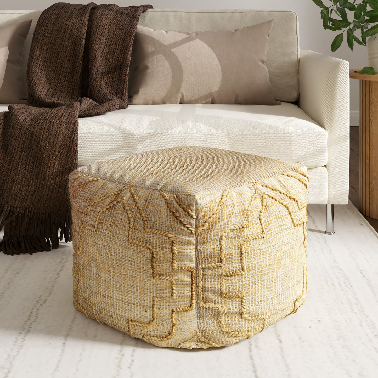 18" Natural Jute Blend Cube Quatrefoil Pouf Ottoman-8