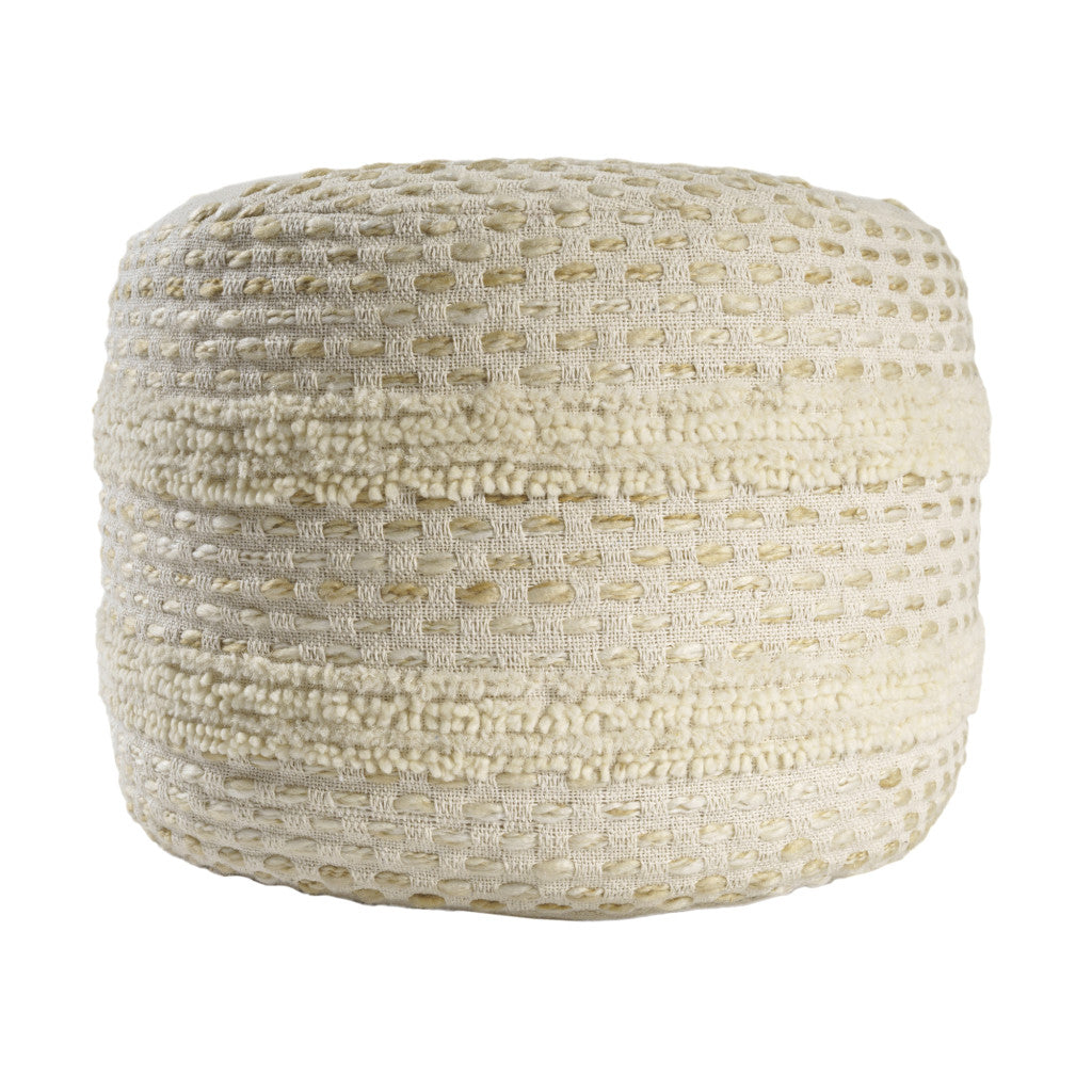 18" Natural And Ivory Cotton Blend Round Striped Pouf Ottoman-1