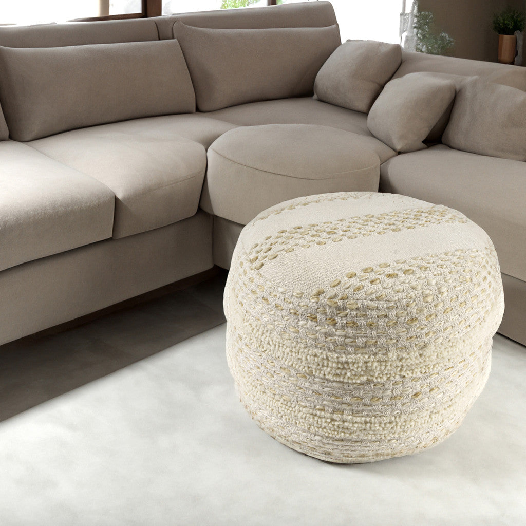 18" Natural And Ivory Cotton Blend Round Striped Pouf Ottoman-7