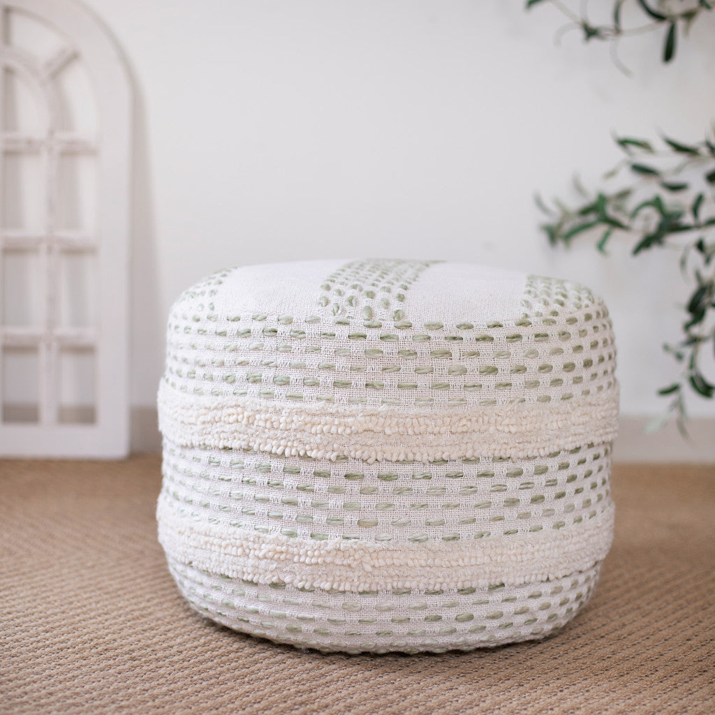 18" Natural And Ivory Cotton Blend Round Striped Pouf Ottoman-8
