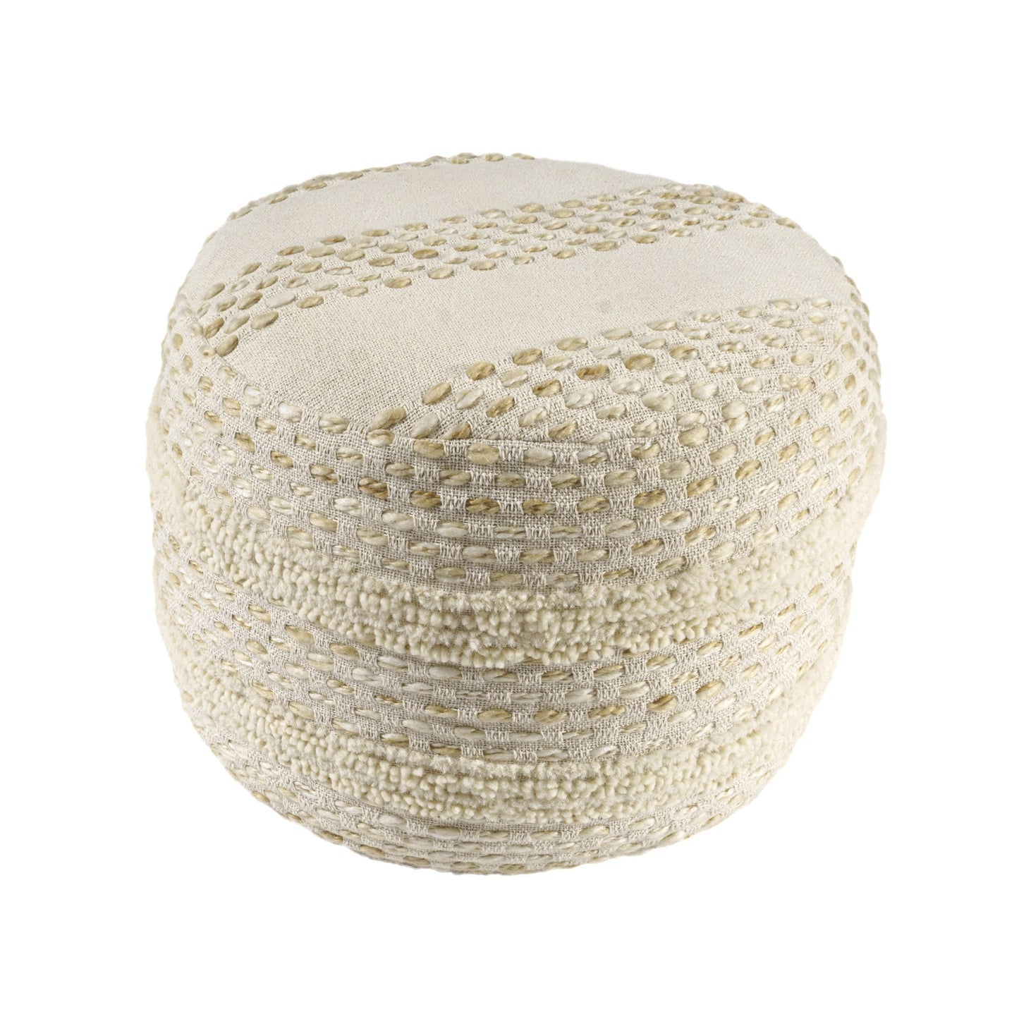 18" Natural And Ivory Cotton Blend Round Striped Pouf Ottoman-4