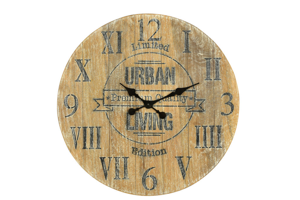 24" Natural Distressed Solid Wood Silent Analog Round Wall Clock-2