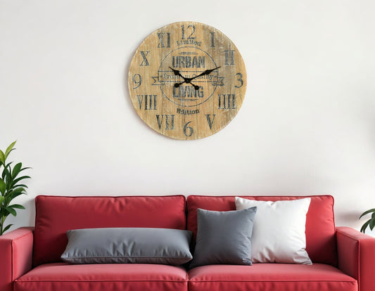 24" Natural Distressed Solid Wood Silent Analog Round Wall Clock-0