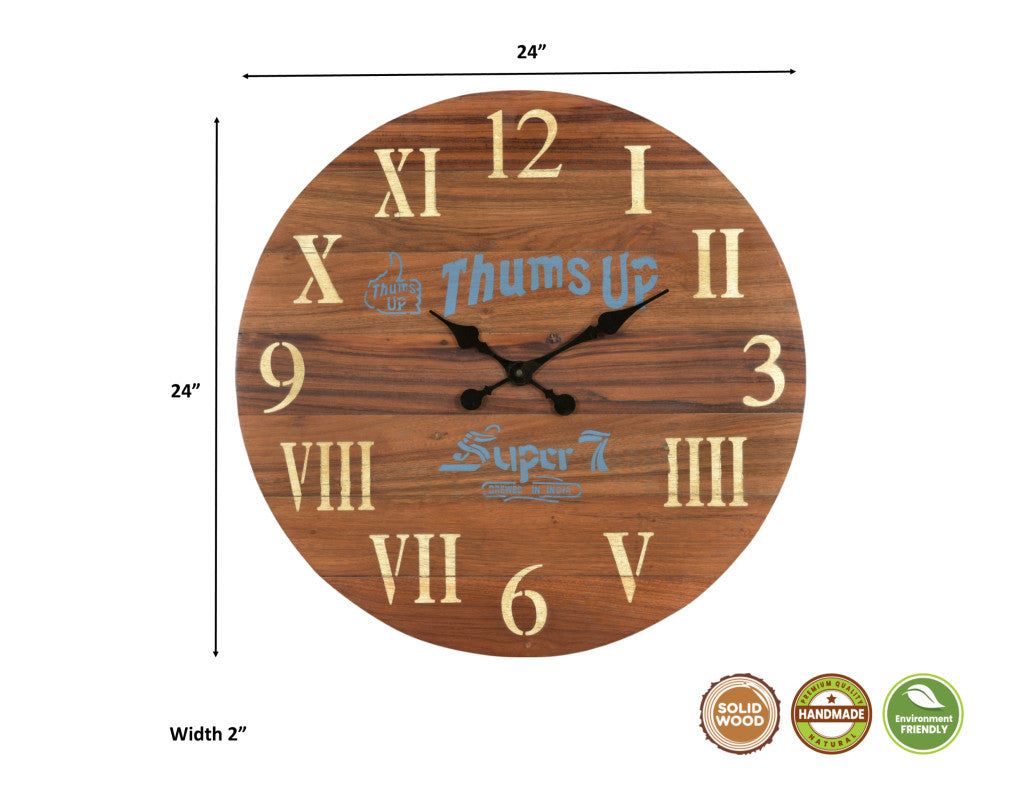 24" Brown Solid Wood Silent Analog Round Wall Clock-5