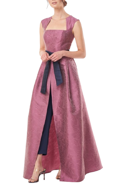 Kay Unger Square Neck Sleeveless Tie Waist Zipper Back Mikado Walk Through Jumpsuit With Stretch Crepe Pant-1